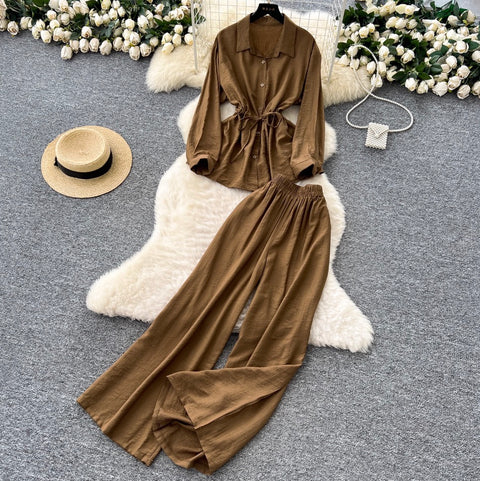 Drawstring Shirt & Wide-leg Trousers 2Pcs