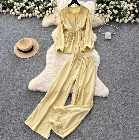 Drawstring Shirt & Wide-leg Trousers 2Pcs