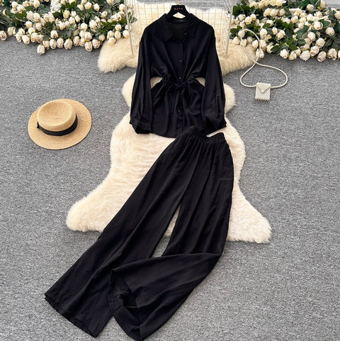 Drawstring Shirt & Wide-leg Trousers 2Pcs