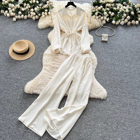 Drawstring Shirt & Wide-leg Trousers 2Pcs