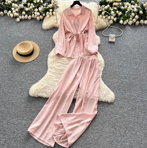 Drawstring Shirt & Wide-leg Trousers 2Pcs