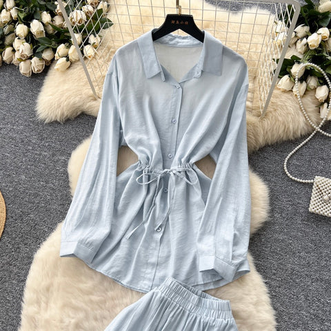 Drawstring Shirt & Wide-leg Trousers 2Pcs
