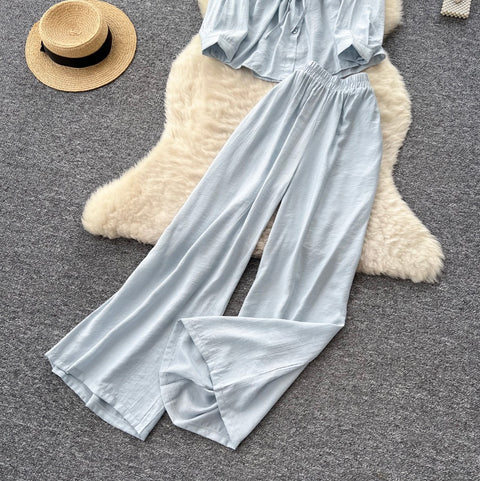 Drawstring Shirt & Wide-leg Trousers 2Pcs