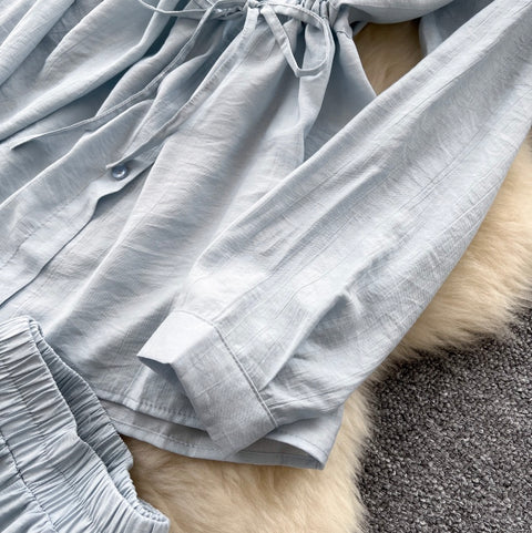 Drawstring Shirt & Wide-leg Trousers 2Pcs
