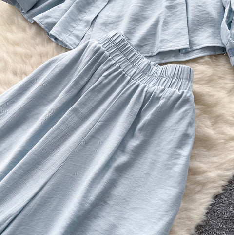 Drawstring Shirt & Wide-leg Trousers 2Pcs