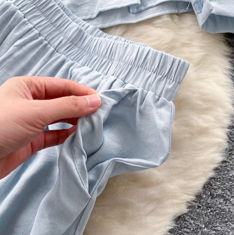 Drawstring Shirt & Wide-leg Trousers 2Pcs