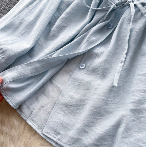 Drawstring Shirt & Wide-leg Trousers 2Pcs