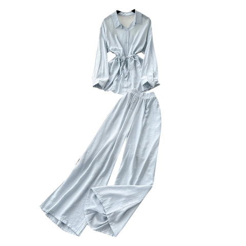 Drawstring Shirt & Wide-leg Trousers 2Pcs