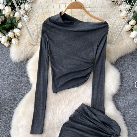 Slant-neckline Shirt & Knotted Skirt 2Pcs