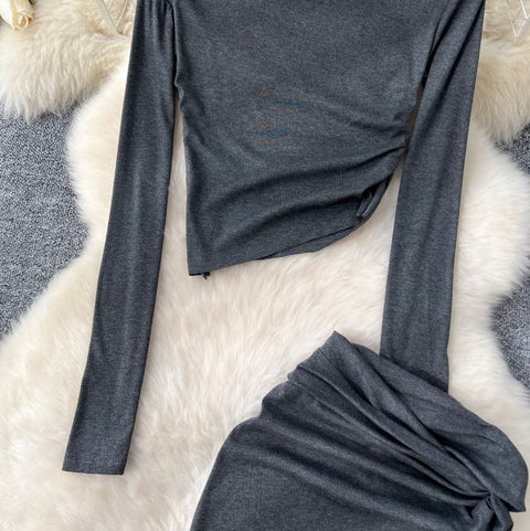 Slant-neckline Shirt & Knotted Skirt 2Pcs