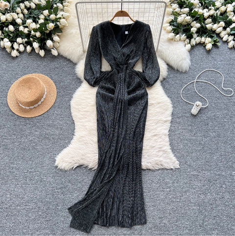 Irregular Design V-neck Glossy Dress