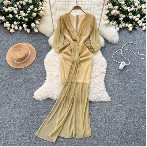 Irregular Design V-neck Glossy Dress