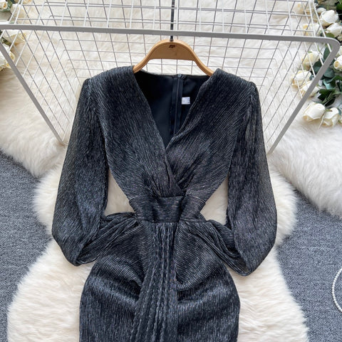 Irregular Design V-neck Glossy Dress