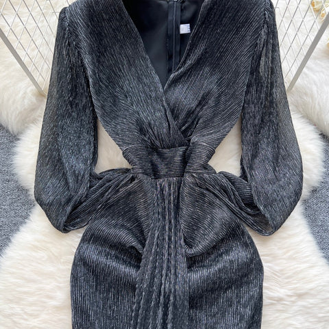 Irregular Design V-neck Glossy Dress