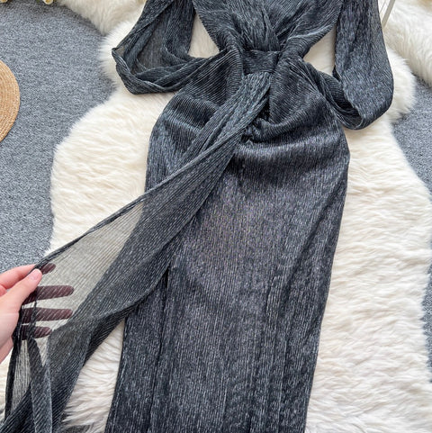 Irregular Design V-neck Glossy Dress