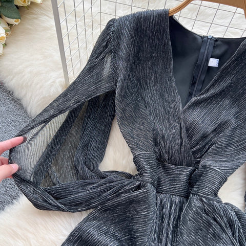 Irregular Design V-neck Glossy Dress