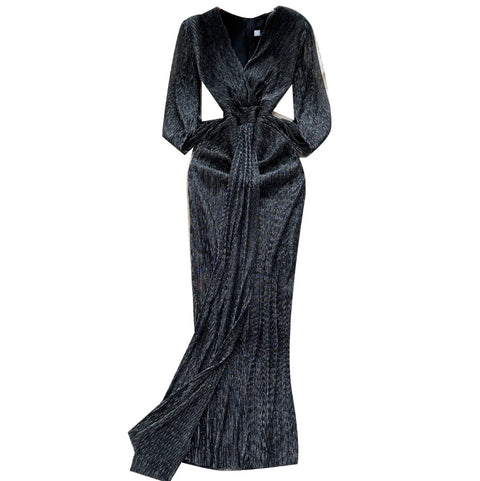 Irregular Design V-neck Glossy Dress