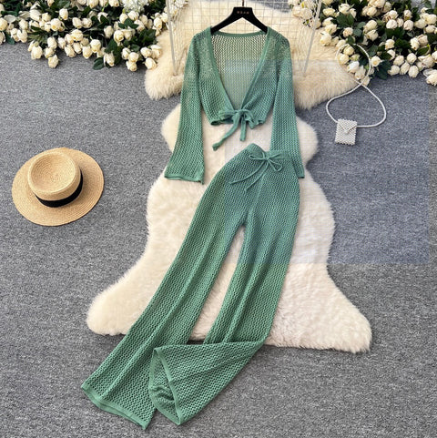 Hollowed V-neck Cardigan & Trousers 2Pcs