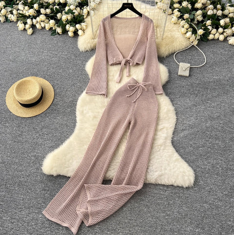 Hollowed V-neck Cardigan & Trousers 2Pcs