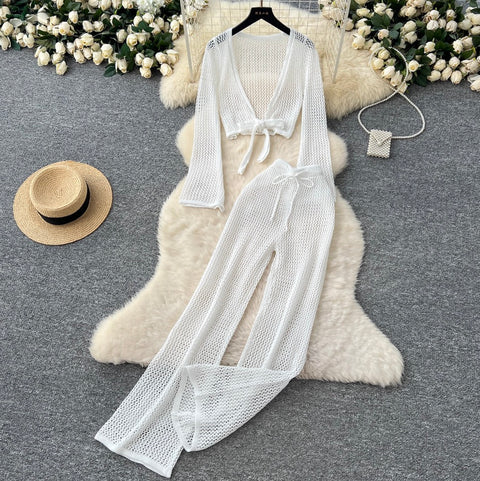 Hollowed V-neck Cardigan & Trousers 2Pcs