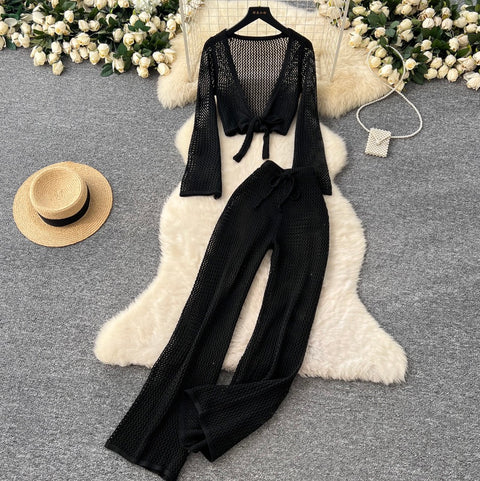 Hollowed V-neck Cardigan & Trousers 2Pcs