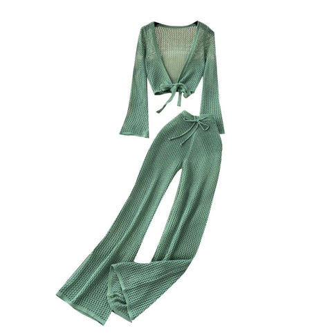 Hollowed V-neck Cardigan & Trousers 2Pcs