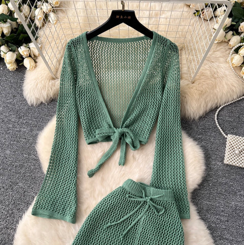 Hollowed V-neck Cardigan & Trousers 2Pcs