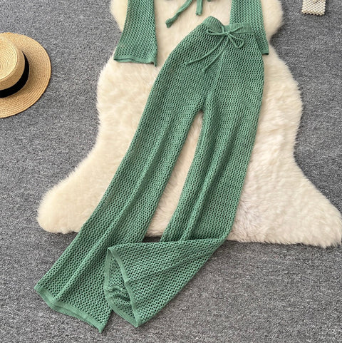 Hollowed V-neck Cardigan & Trousers 2Pcs