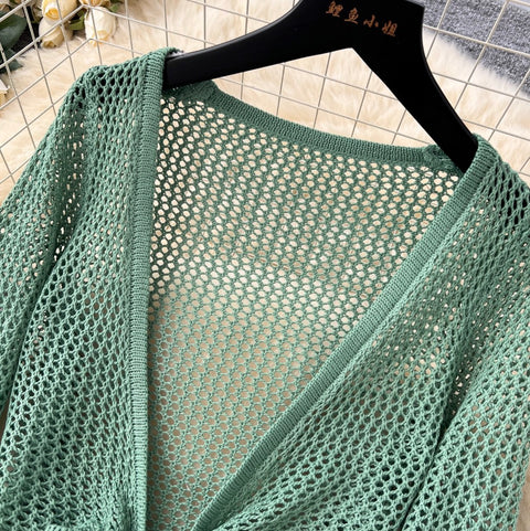 Hollowed V-neck Cardigan & Trousers 2Pcs