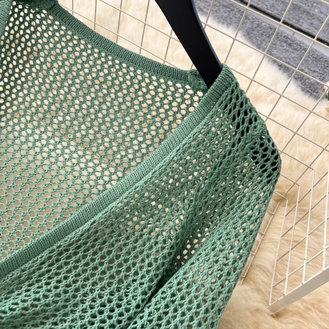 Hollowed V-neck Cardigan & Trousers 2Pcs