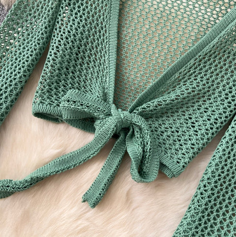 Hollowed V-neck Cardigan & Trousers 2Pcs