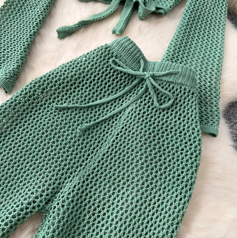 Hollowed V-neck Cardigan & Trousers 2Pcs