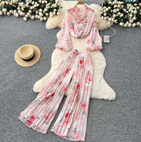 Floral Chiffon Top & Trousers 2Pcs