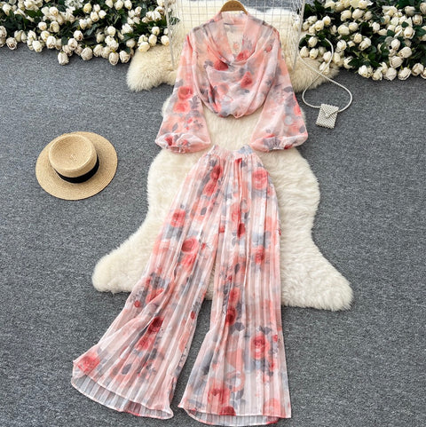 Floral Chiffon Top & Trousers 2Pcs