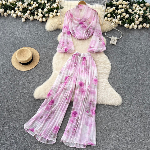 Floral Chiffon Top & Trousers 2Pcs