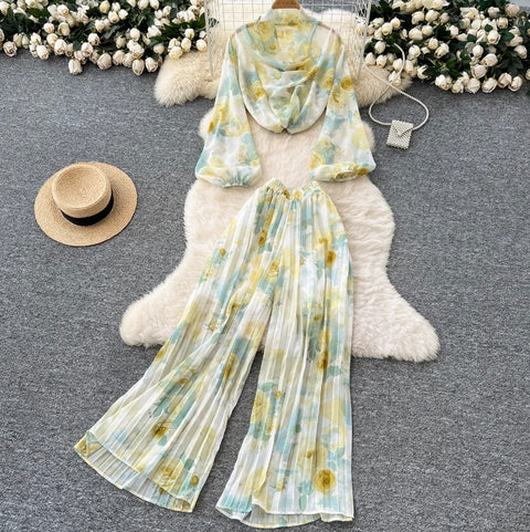 Floral Chiffon Top & Trousers 2Pcs