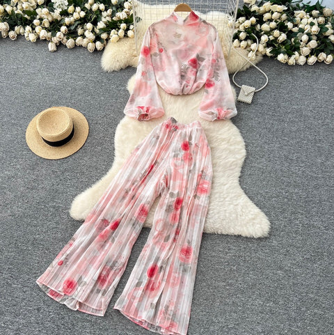 Floral Chiffon Top & Trousers 2Pcs