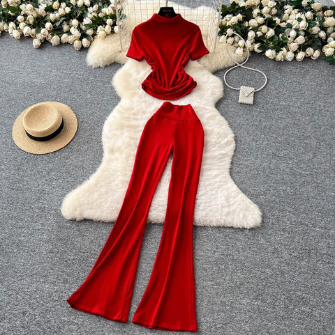 Stand Collar T-shirt & Trousers 2Pcs