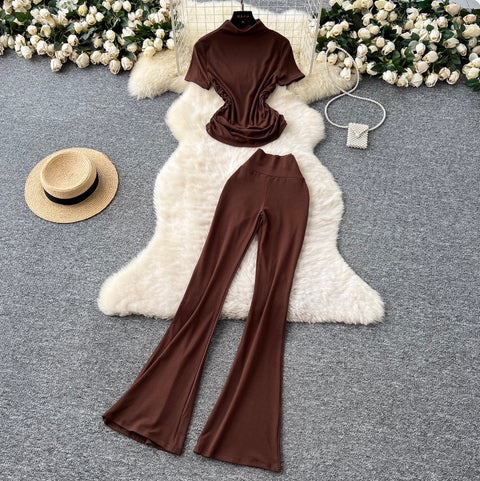 Stand Collar T-shirt & Trousers 2Pcs