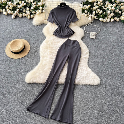 Stand Collar T-shirt & Trousers 2Pcs