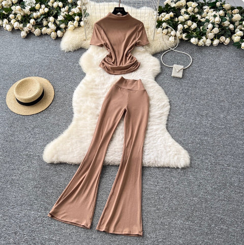 Stand Collar T-shirt & Trousers 2Pcs