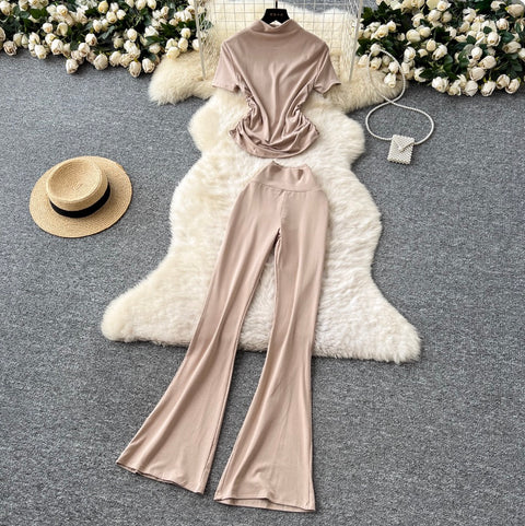 Stand Collar T-shirt & Trousers 2Pcs