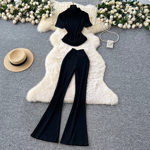 Stand Collar T-shirt & Trousers 2Pcs