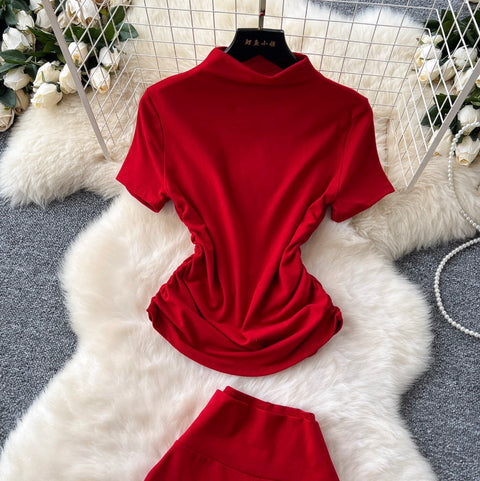 Stand Collar T-shirt & Trousers 2Pcs