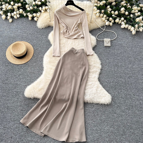 Slant Neckline Top & Satin Skirt 2Pcs