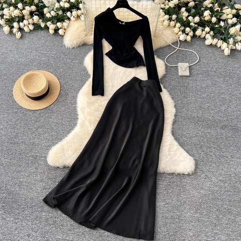 Slant Neckline Top & Satin Skirt 2Pcs