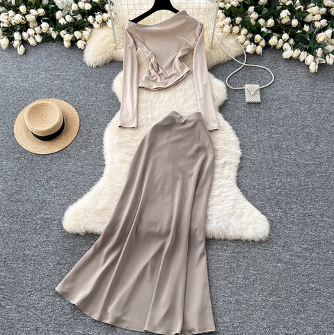 Slant Neckline Top & Satin Skirt 2Pcs
