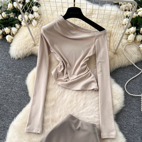 Slant Neckline Top & Satin Skirt 2Pcs