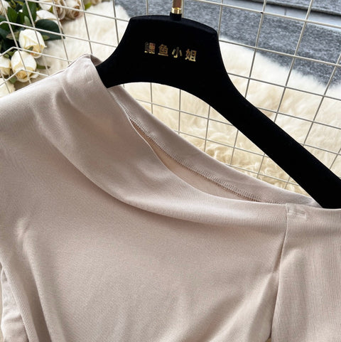 Slant Neckline Top & Satin Skirt 2Pcs