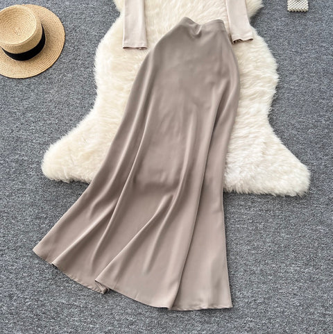 Slant Neckline Top & Satin Skirt 2Pcs